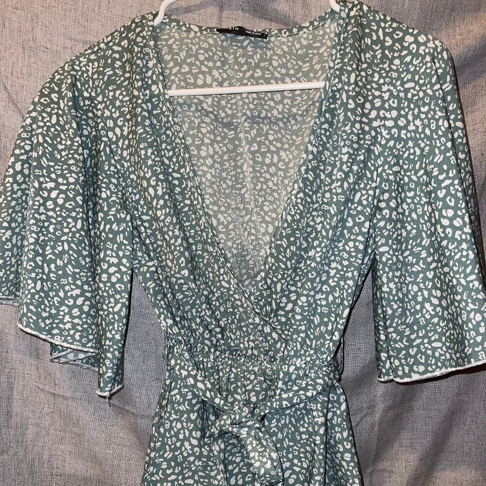 Womens Sage Green and White Cheetah Print SHEIN Blouse